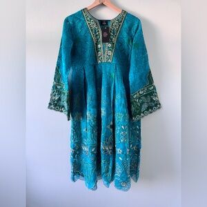 Elan Blue Embellished Sundress with Bell Sleeves